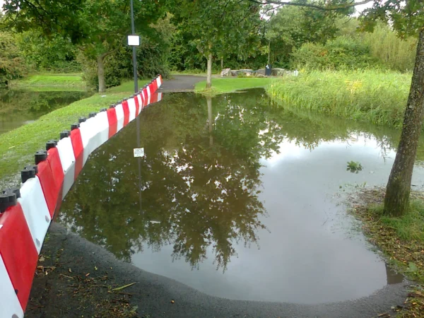 0.5m high Floodstop barriers holding back flood water in a park