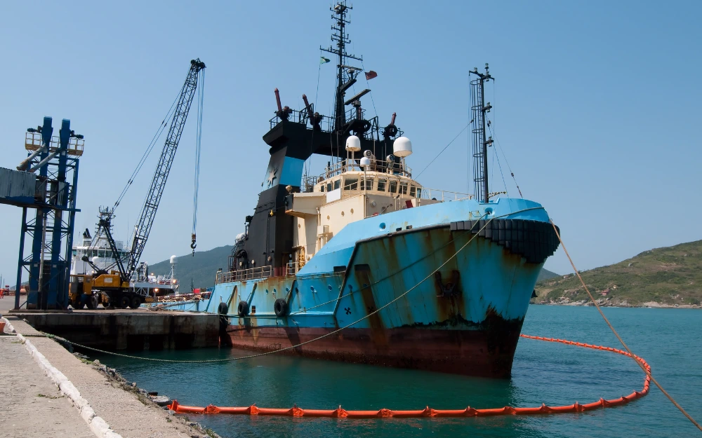 Tugboat docked near industrial port with a boom surrounding it