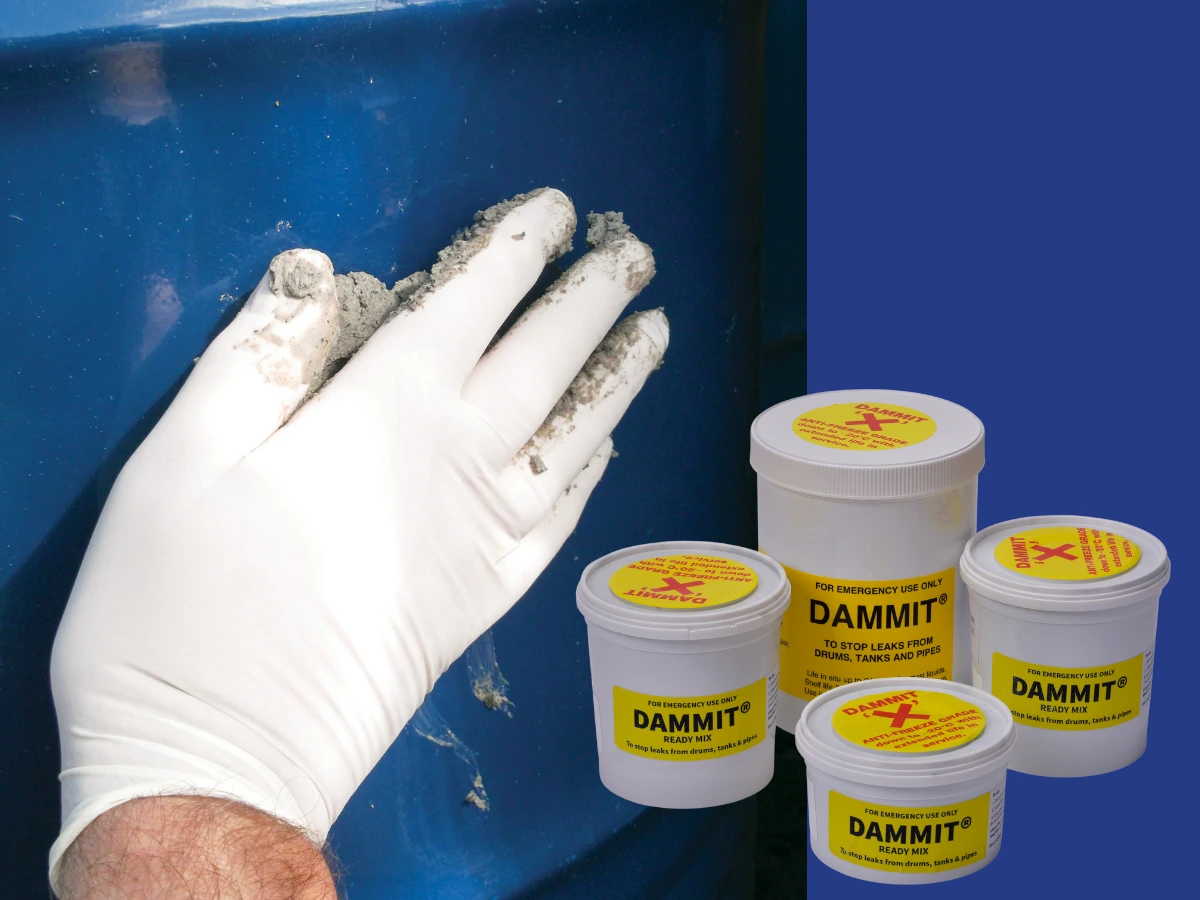 Image of a gloved hand applying Dammit to a rupture in an oil drum. Next to is are four tubs of Dammit leak sealant in different sized tubs.