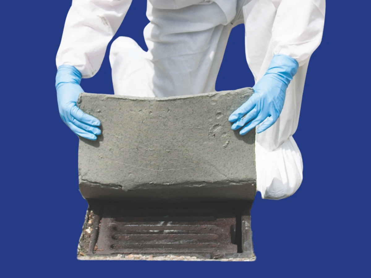 Spill responder placing a Dammit clay drain mat over a drain grate