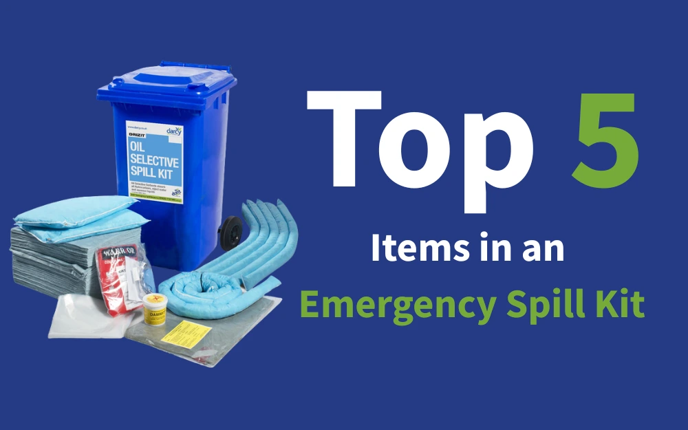 Image shows a 240l oil selective spill kit in a blue wheelie bin with the text Top 5 Items in an Emergency Spill Kit