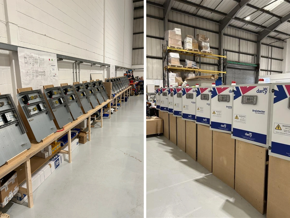 Image shows rows of Draintectors in production in our new unit