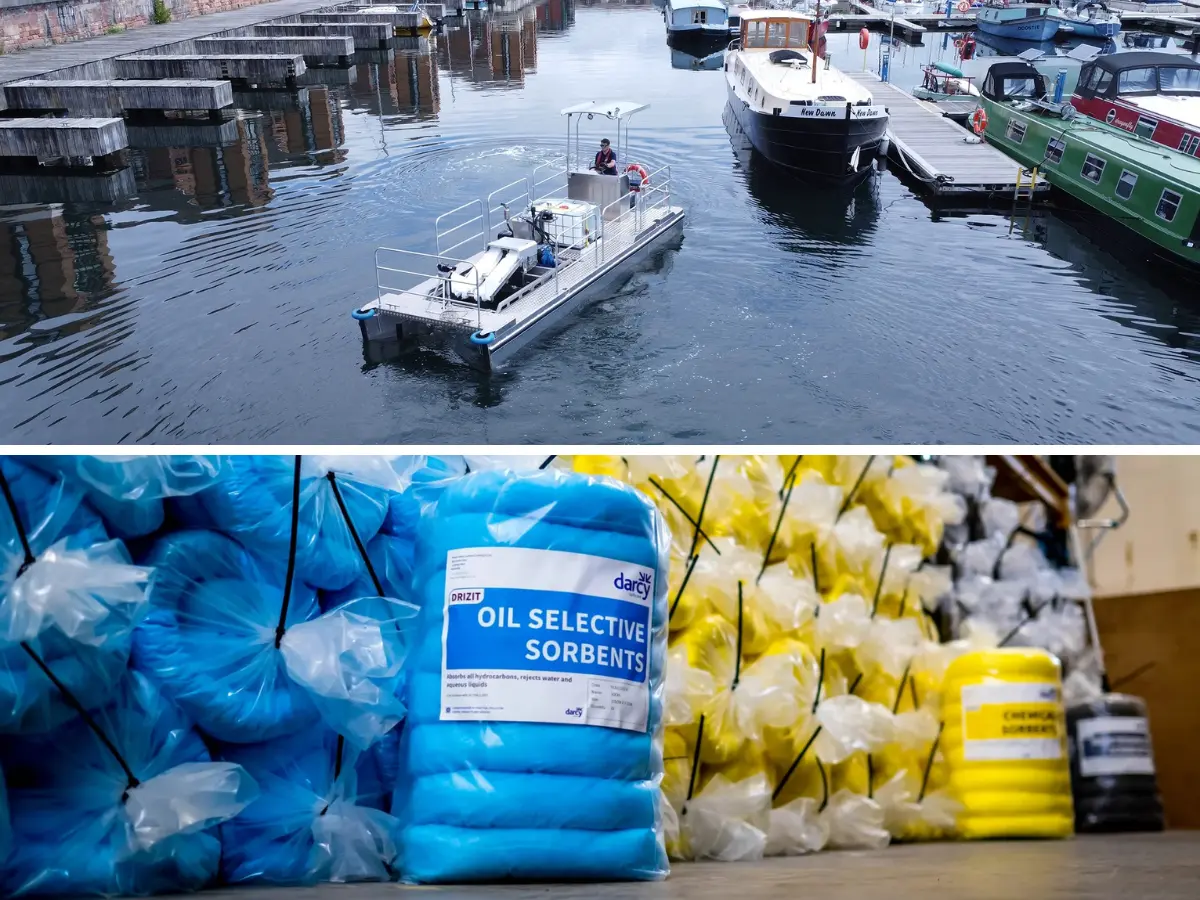 Top image shows the Trident SpillRanger vessel pollution recovery system. Bottom image shows bags of absorbents in our warehouse.