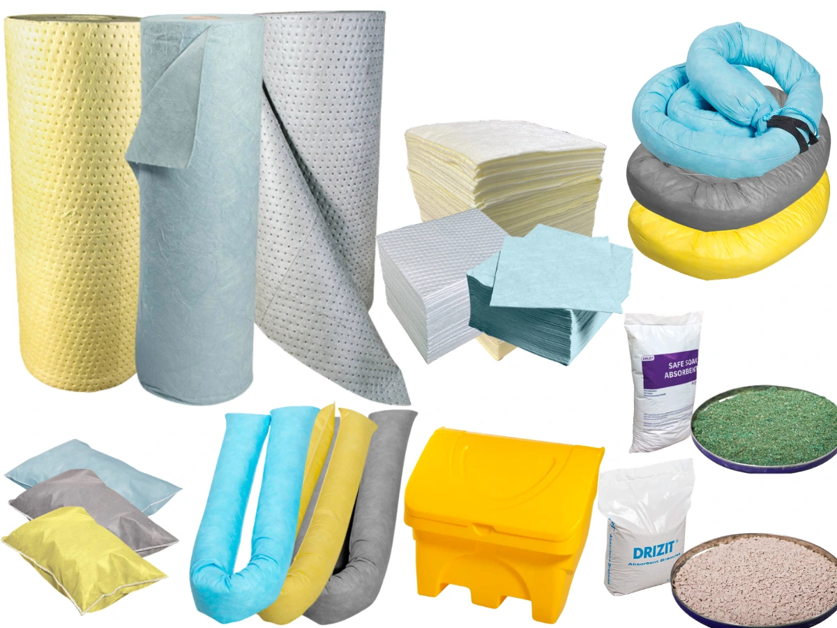 Range of Darcy spill absorbents, including rolls, pads, socks, cushions and granules, alongside a yellow storage bin.