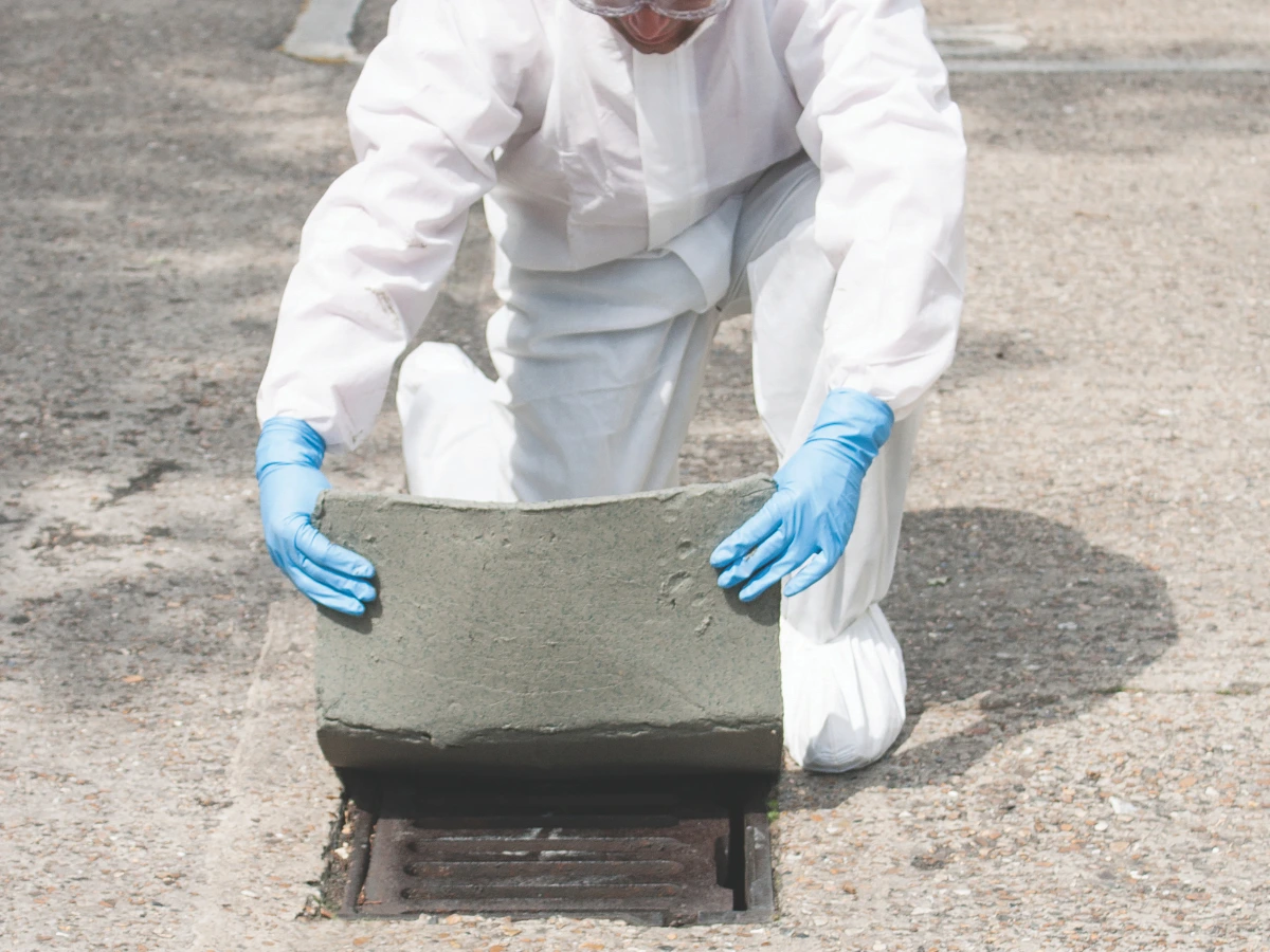 Worker wearing protective clothing places a Darcy Dammit clay drain mat over a drain grate to prevent pollution entering the drain.
