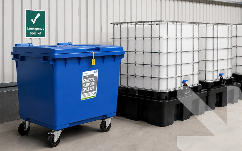 Blue Darcy general-purpose spill kit beside IBCs on bund pallets, beneath an emergency spill kit sign.