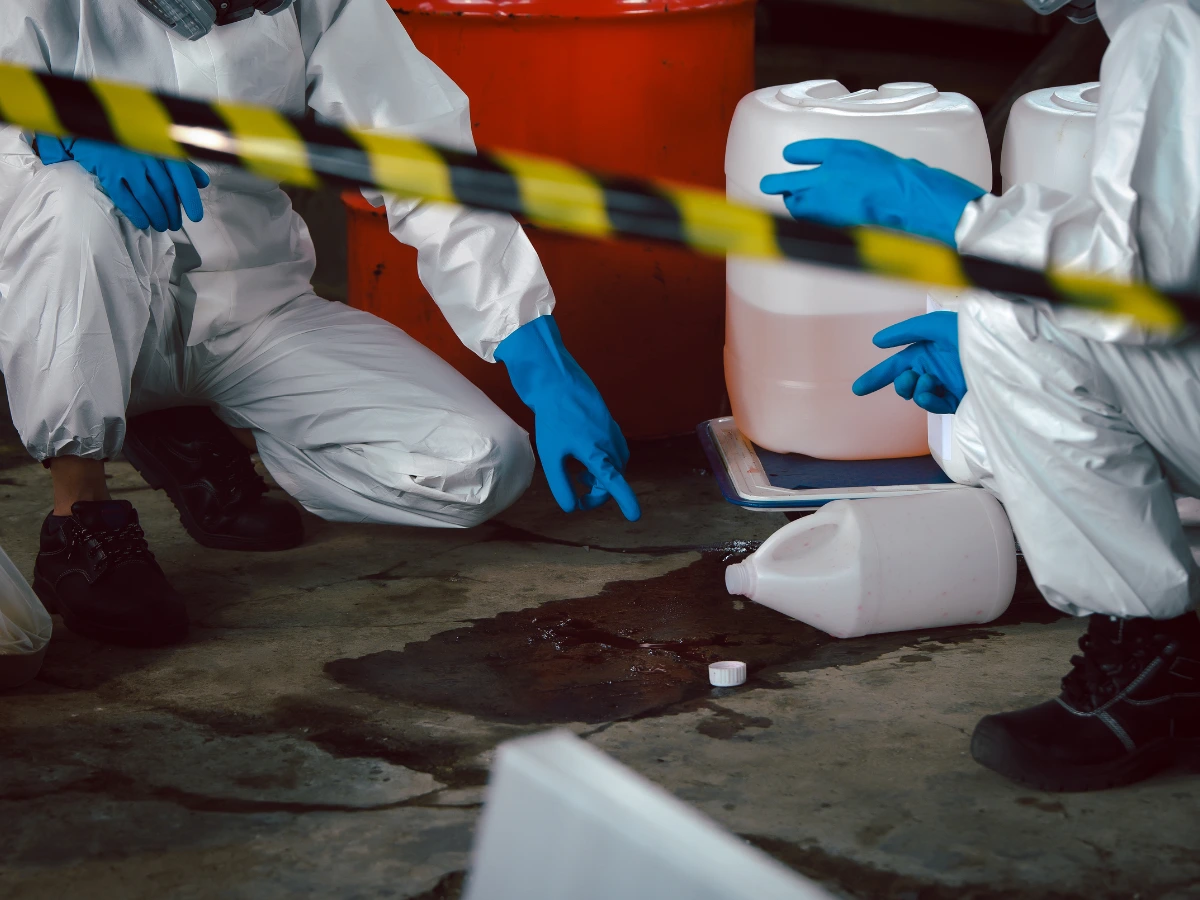 Workers in protective suits assess a liquid spill from a fallen container behind hazard tape.